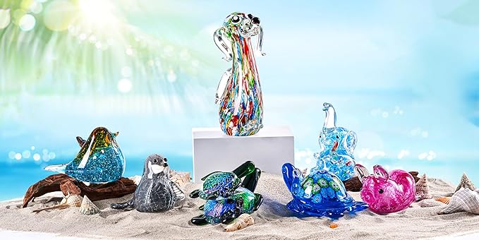 EUSTUMA Hand Blown Glass Sea Turtle Figurine,Sea Animal Ornament for Home Decor,Sea Animals Collection for Birthday Gift,Glass Tortoise Sculpture