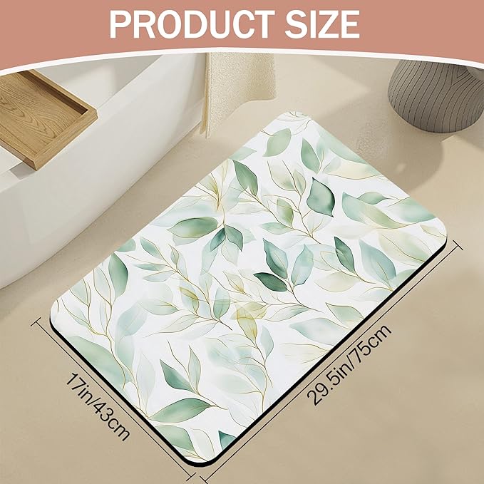 Eucalyptus Leaves Bathroom Rugs,Bath Mats for Bathroom,Sage Green Leaf Low Pile Absorbent Bath Mat,Rubber Backing Non Slip Washable Thin Quick Dry Door Mat 17x29.5 Inch