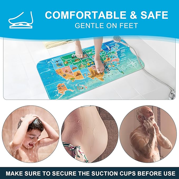 XIYUNTE Baby Bath Mat for Tub Non Slip Kids Bath Mat - 40''x16'' Extra Long Cartoon Bathtub Mat Non Slip Kids Shower Mat Eco-Friendly Toddler Bath Mats with Suction Cups, Machine Washable, Map