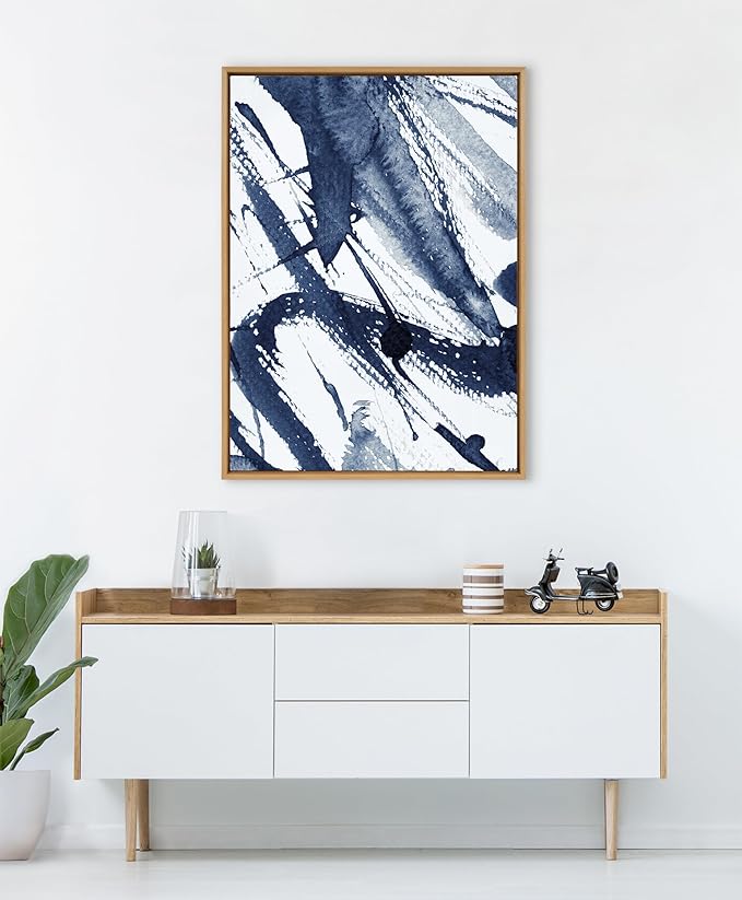 Kate and Laurel Sylvie Indigo Watercolor Framed Canvas Wall Art by Amy Peterson, 31.5x41.5 Natural, Modern Blue Abstract Art for Wall
