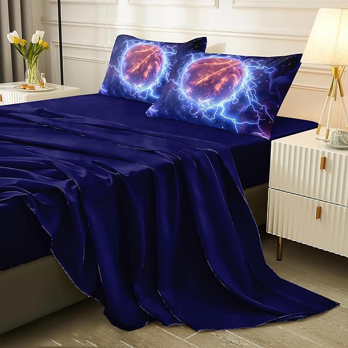 Helloosun 5PCS Basketball Comforter Set Twin,Sports Bedding Sets for Boys,Twin Comforter Sets for Boys,Blue Lightning Basketball Bedding Set with Sheets