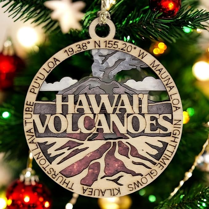Hawaii Volcanoes National Park Ornament - Handmade Wood Laser Cut Christmas Decoration, Erupting Volcano Scene