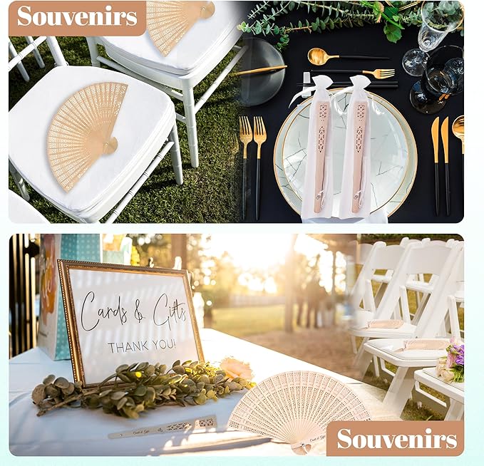 50 Pcs Personalized Sandalwood Wood Handheld Folding Fans with Organza Bags Wedding Fans Custom Name Text Icon Gift for Wedding Graduation Party Guests Baby Shower (50)