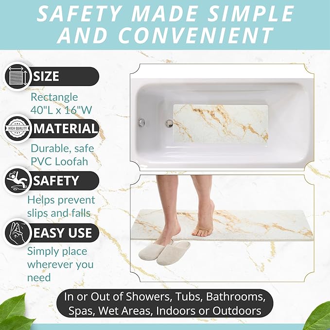 Non Slip Bathtub Mat Shower Mat for Tub - Loofah Bath Mats for Bathroom - 40x16 Bathtub Floor Mat - Textured Anti Slip Bath Mat Without Suction Cups - Secure Mat for Wet Areas (40x16 White Gold)