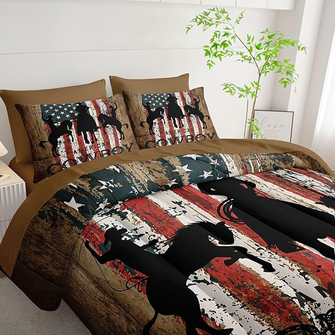 7Pcs Western Cowboy Comforter Set American Flag Printed Bedding Set with 1 Comforter, 1 Flat Sheet, 1 Fitted Sheet and 4 Pillowcases for Bedroom All Season(Cowboy Full)