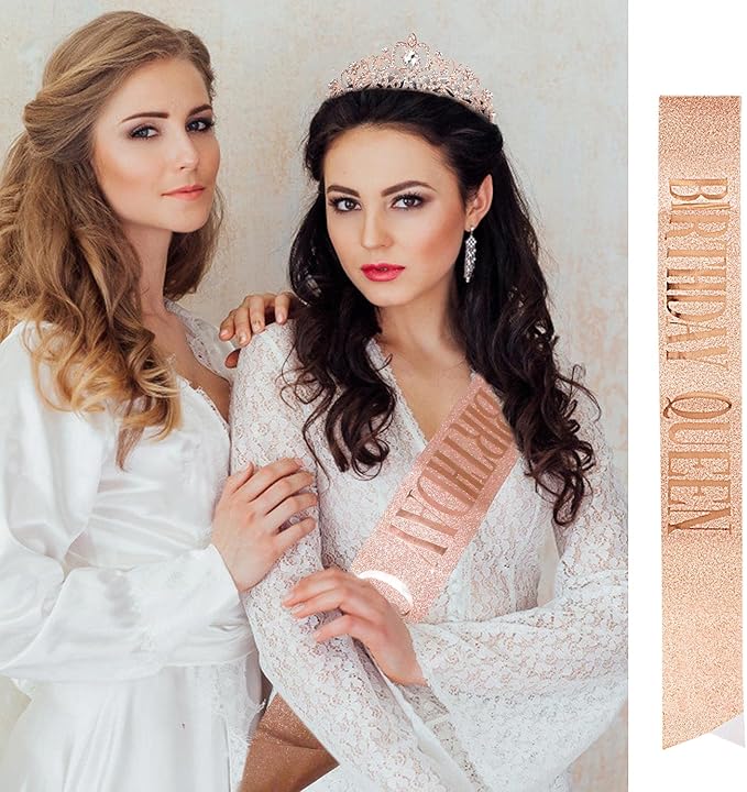 Velscrun Birthday Queen Tiaras Crown for Women, Girls Princess Crowns for Women, Queen Tiara for Mom, Rose Gold Birth Crown Headband Birth Sash, 30th 40th 50th Birthday Prom Party Decorations for Mom