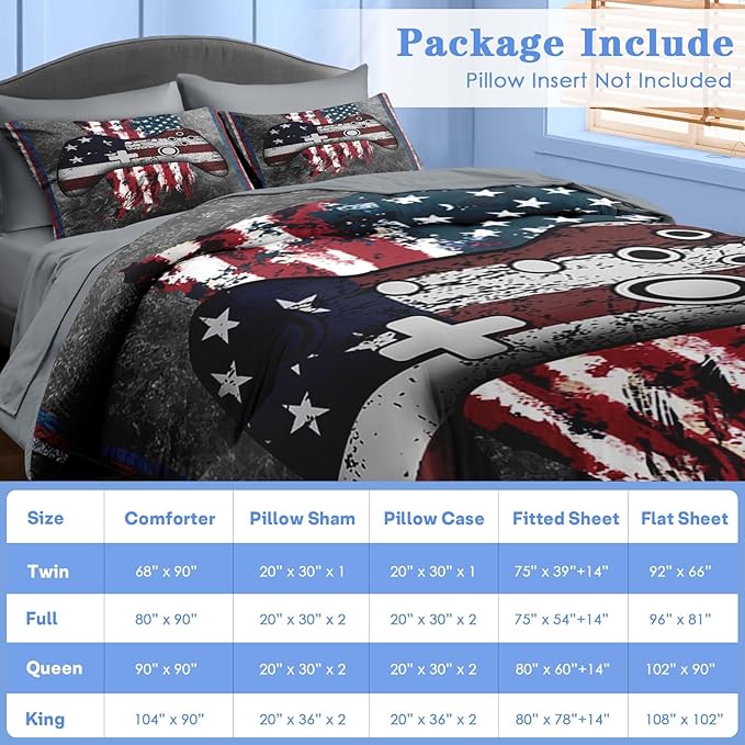 Comforter Set Full Size, American Flag 4Th July 7 Pcs Bedding for Kids and Adults, Funny Gamepad Bed Sheet Sets with Fitted Sheet 2 Pillowcases & 2 Shams for Bedroom Bed Decor