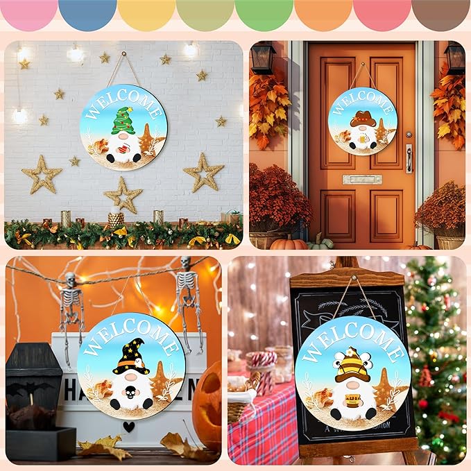 Seasonal Gnome Wall Decor Set, 11.8 inch Autumn Wooden Round Sign with Interchangeable Holiday Hats, Welcome Door Hanging (Blue-3)