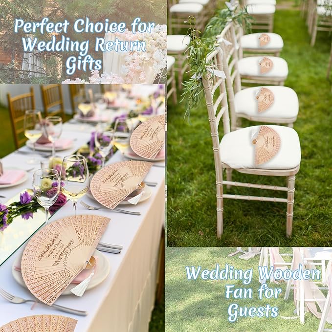 Personalized Wedding Fans for Guests Custom Wooden Folding Handheld Fans Bulk with Organza Bags Tassels for Wedding Graduation Party (100)