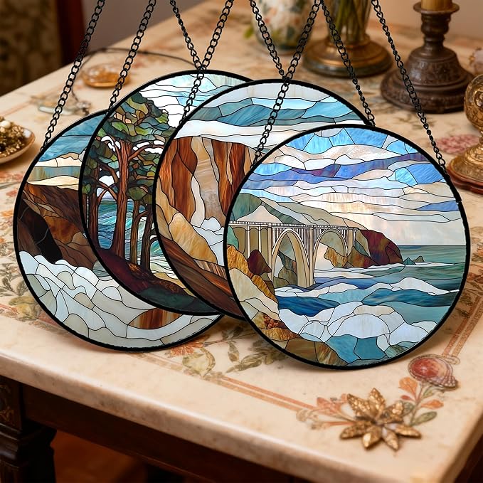 Stained Glass Window Hanging 4 Pcs Set Ocean Waves 9.8" - Blue and White Sea Suncatcher Door Garden Sun Catcher Decor Birthday Christmas for Mom Woman Nana Men