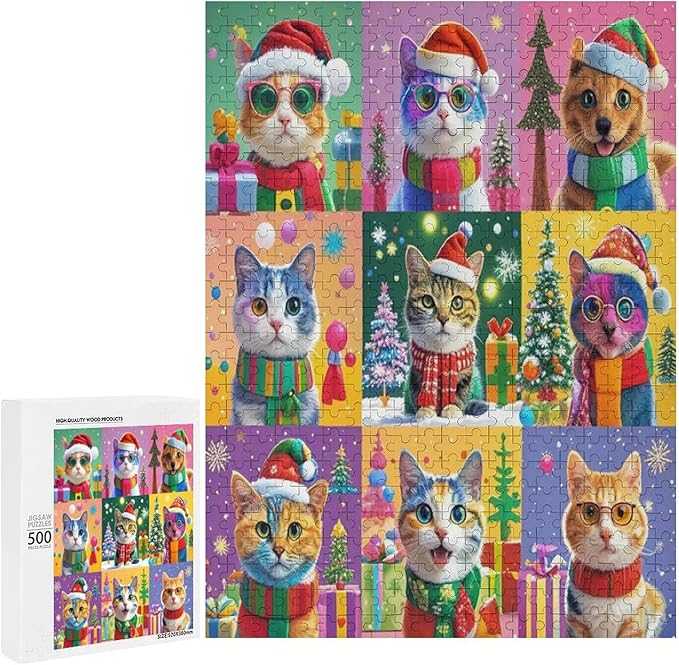 Wooden Puzzle 500 Pieces Adult - Christmas Cat Puzzle Christmas Puzzles, Holiday Puzzles, Family Toys, Party Games, Jigsaw Puzzle Challenge and Funny