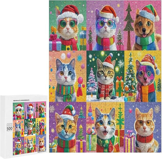 Wooden Puzzle 500 Pieces Adult - Christmas Cat Puzzle Christmas Puzzles, Holiday Puzzles, Family Toys, Party Games, Jigsaw Puzzle Challenge and Funny
