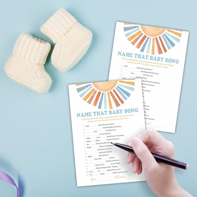 Name That Baby Song Baby Shower Game Kit - Watercolor Retro Sun - 30 Double-Sided Fill In Game Cards For Baby Shower, Gender Reveal Party Favor, Activity & Supplies - D09