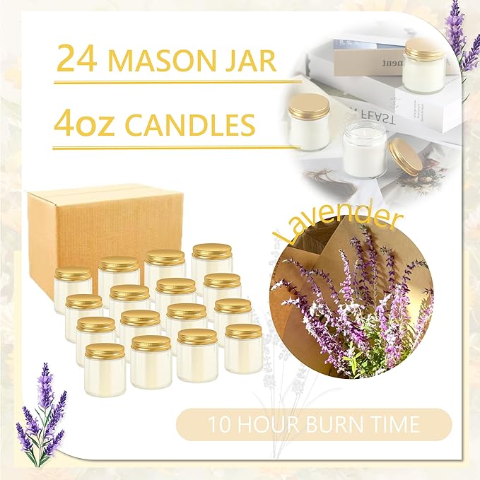 ACITHGL 24 Pcs 4oz Mini Mason Jar Candles Small Lavender Scented Candles Bulk Aromatherapy Ideal Souvenir Favors for Wedding Birthday Party (Gold, 24)