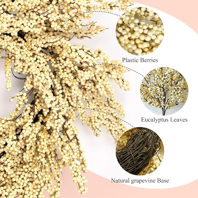 Huashen Fall Wreath, Artificial 24 inch White Berry Wreaths for Front Door Milk White Berry Wreath Christmas Wreaths for Farmhouse Festival Outdoor Party Holiday Home Decor