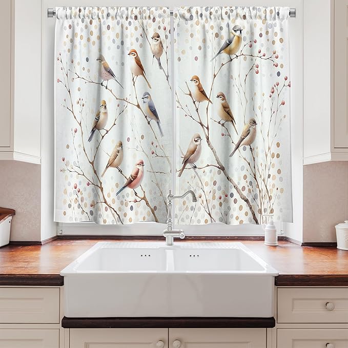 Ambesonne Birds Kitchen Curtains, Aquarelle Look Autumnal Scenario with Wingy Animals and Polka Dots Art, Window Drapes 2 Panel Set for Kitchen Cafe Decor, 55" x 24", Pastel Brown Purpleblue