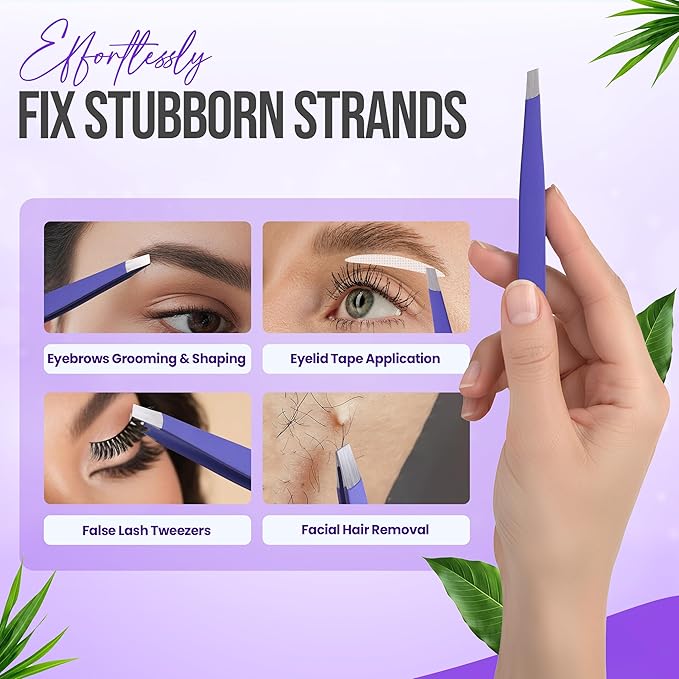 Slanted Stainless Steel Tweezers for Men & Women - Precision Eyebrow Tweezers for Facial Hairs, Strong Grip, Fine Tip, Professional Tweezer for Plucking & Grooming (Purple)