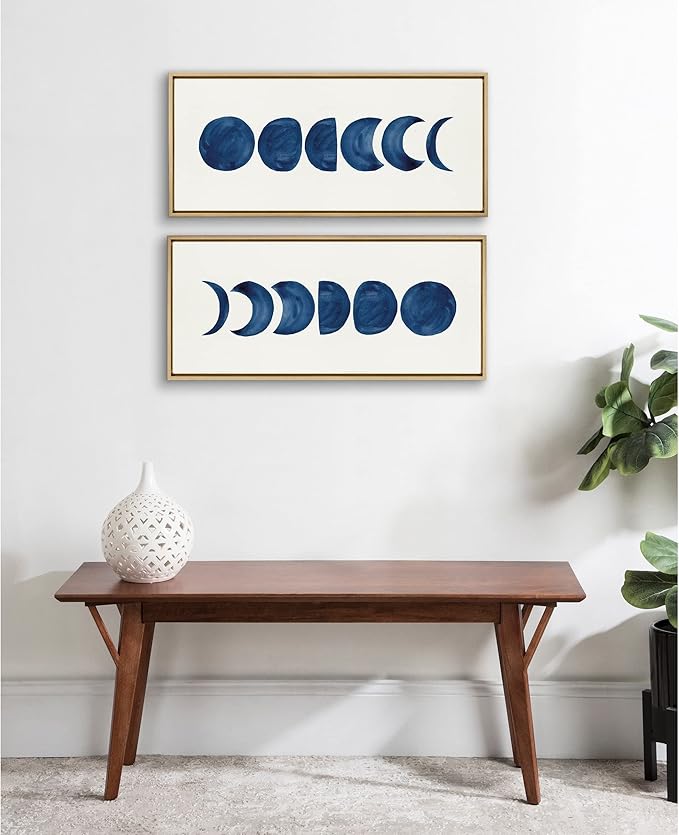 Kate and Laurel Sylvie Linear Moon Phases Framed Canvas Wall Art by Teju Reval of SnazzyHues; 18x40 Gold; Decorative Moon Art for Wall