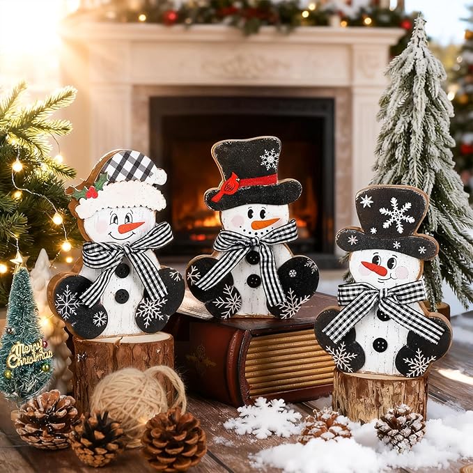 3 Pcs Christmas Wood Centerpieces for Tables Wooden Snowman Table Decor Rustic Merry Xmas Tabletop Signs Block Winter Desktop Decorations Indoor Tiered Tray Office Desk Shelf Home Mantel Holiday Party