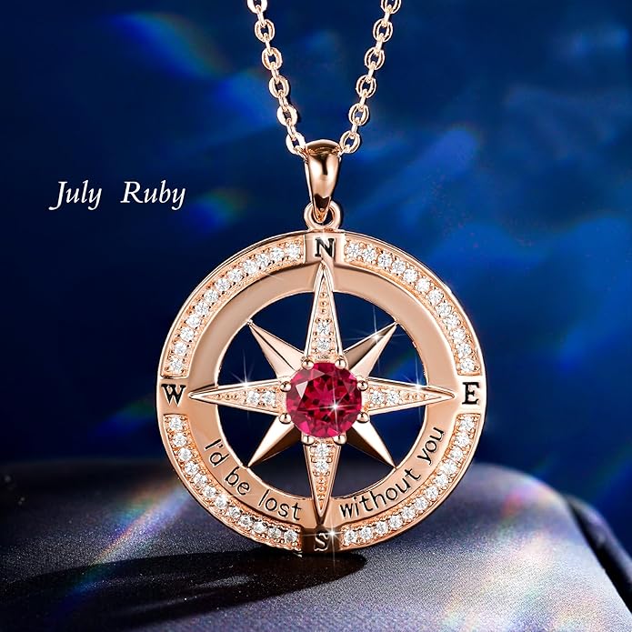 S925 Necklace Birthstone Compass Gift for Women Jewelry Sterling Silver Necklace for Wife Wedding Anniversary Girlfriend Birthday Gifts for Her Valentines Day Mom Mothers Day