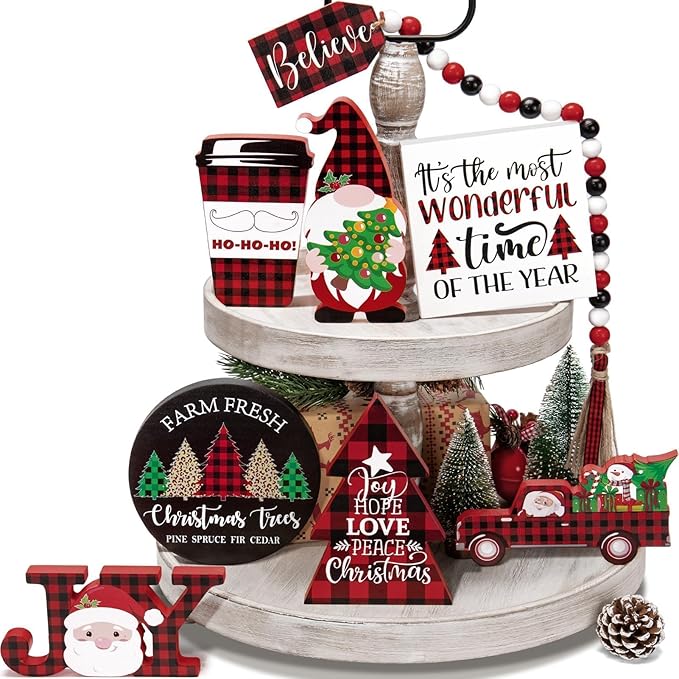 Christmas Tiered Tray Decor 8 PCS Xmas Decorations Indoor - Believe Merry Christmas Table Decor Wooden Signs - Xmas Farmhouse Decor 3 Tier or 2 Tier for Home Room Kitchen Mantel Holiday