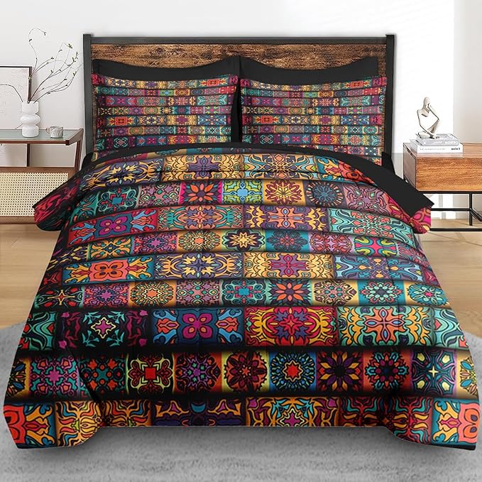 5 Pcs Comforter Set Twin Size, Colorful Mandala Floral Vintage Bedding for Kids and Adults, Bohemian Flower Bed Sheet Sets with Fitted Sheet Pillowcase & Sham for Bedroom Bed Decor