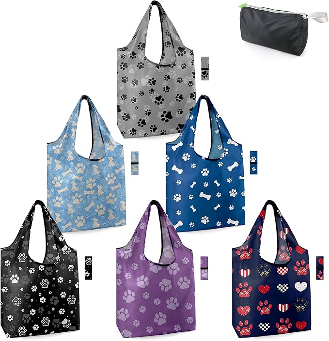 BeeGreen Dog Paws Reusable Grocery Bags with Zipper Storage Pouch 6 Pieces Dogs Reusable Shopping Bags Bulk with Elastic Band Foldable-Machine Washable Pets Gifts Tote Bags