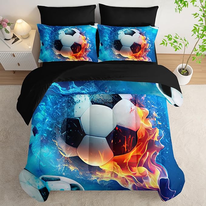 AILONEN Kids Soccer Comforter Set Twin Size,7-Piece Soft Bed in a Bag,Ice and Fire Sport Boys Soccer Comforter & Fitted Sheet with Flat Sheet & 2 Pillowcases,2 Pillow Shams for Bedroom