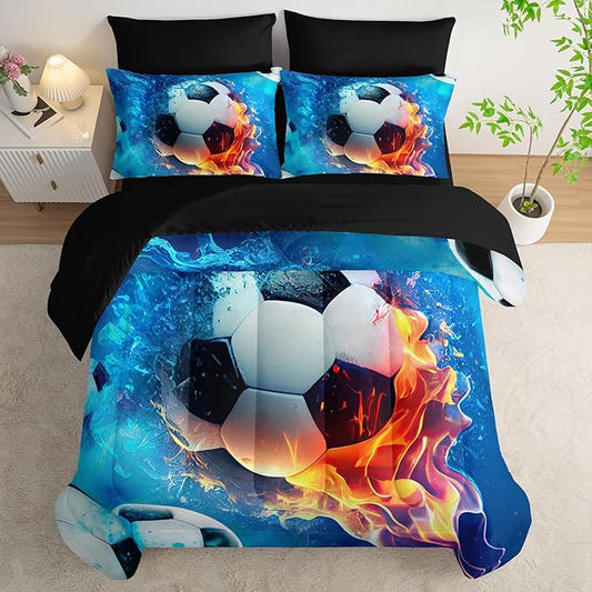 AILONEN Kids Soccer Comforter Set Twin Size,7-Piece Soft Bed in a Bag,Ice and Fire Sport Boys Soccer Comforter & Fitted Sheet with Flat Sheet & 2 Pillowcases,2 Pillow Shams for Bedroom