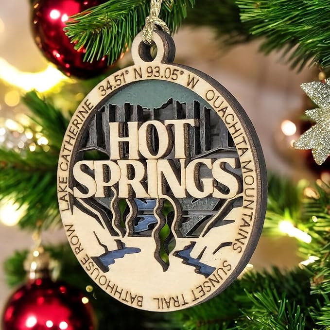 Hot Springs National Park Wood Ornament - Artisan-Made 3" Round, Laser-Engraved Scene with Natural Wood & Full Color Layers