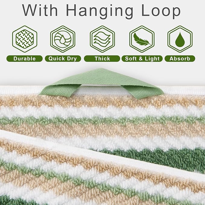 Green Striped Towels - 100% Cotton, Quick Dry, Soft & Absorbent, 6PC Luxury Towels Set (2 Bath 28"x52", 2 Hand 16"x27", 2 Wash Cloth 13"x13"), Stripe Shower Towel with Hanging Loop, Sage and Beige