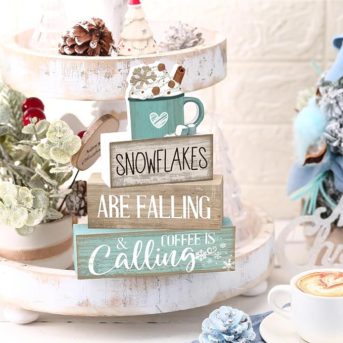 4 Pcs Winter Table Decor Wooden Milk Cocoa Decoration Winter Tiered Tray Centerpiece Decorative Blue Hot Cocoa Block Signs Gift Farmhouse Decoration for Home Kitchen