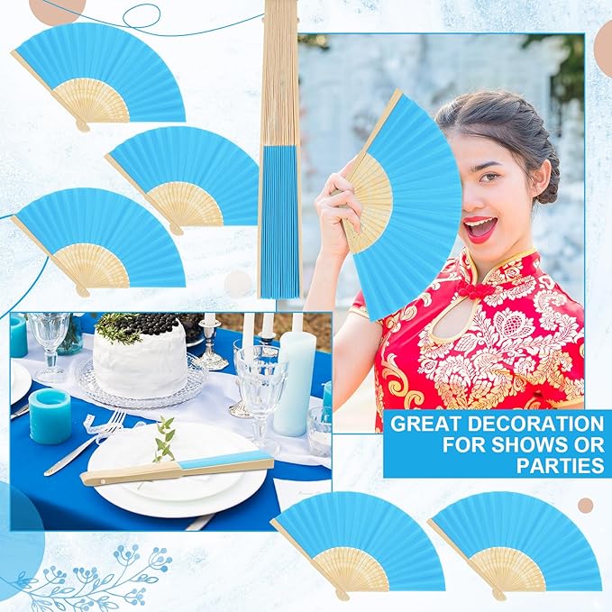 Yinkin 24 Pack Folding Fans Bamboo Handheld Folded Craft Hand Japanese Chinese Fans for Weddings Bridal Dancing Church DIY Decoration Women Gift Party Favors (Lake Blue)
