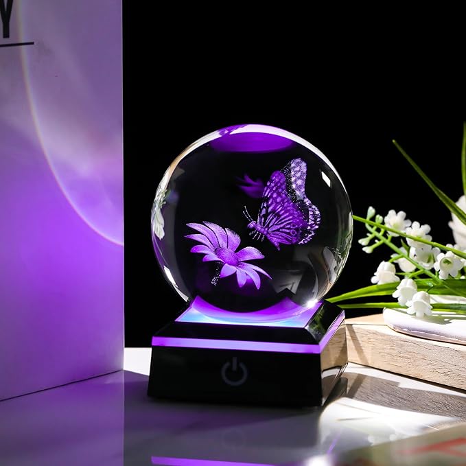 3D Crystal Ball 3.14'' - Laser Butterfly Decor Glass Animals Figurines Statue Night Light