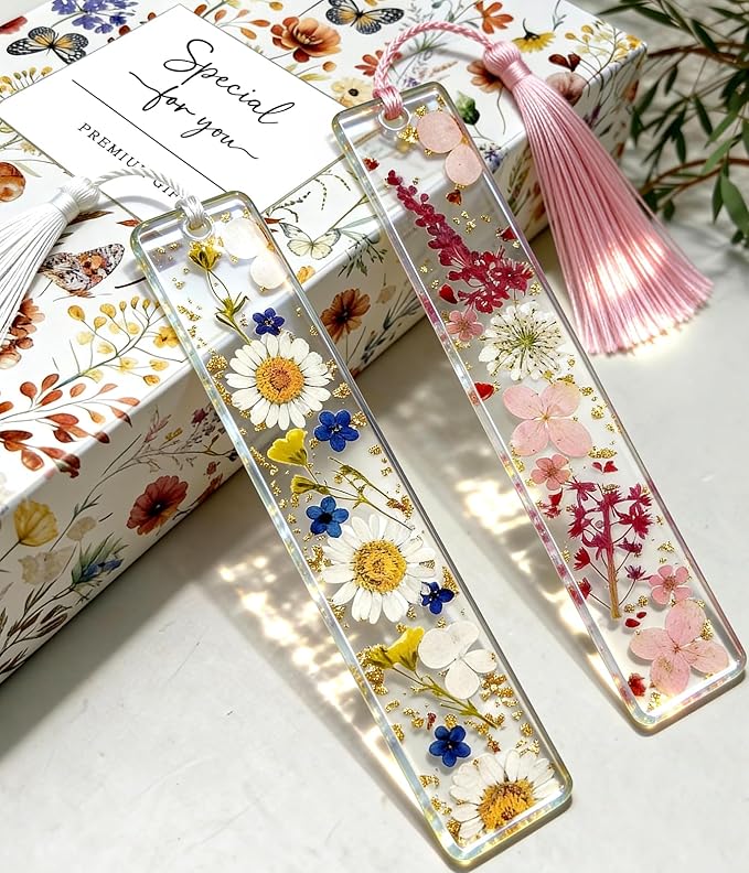 Buleens 2PCS Bookmarks for Women - Yellow Book Marks for Readers Book Lovers, Personalized Handmade Dried Flower Resin Bookmark with Tassels, Pretty and Aesthetic
