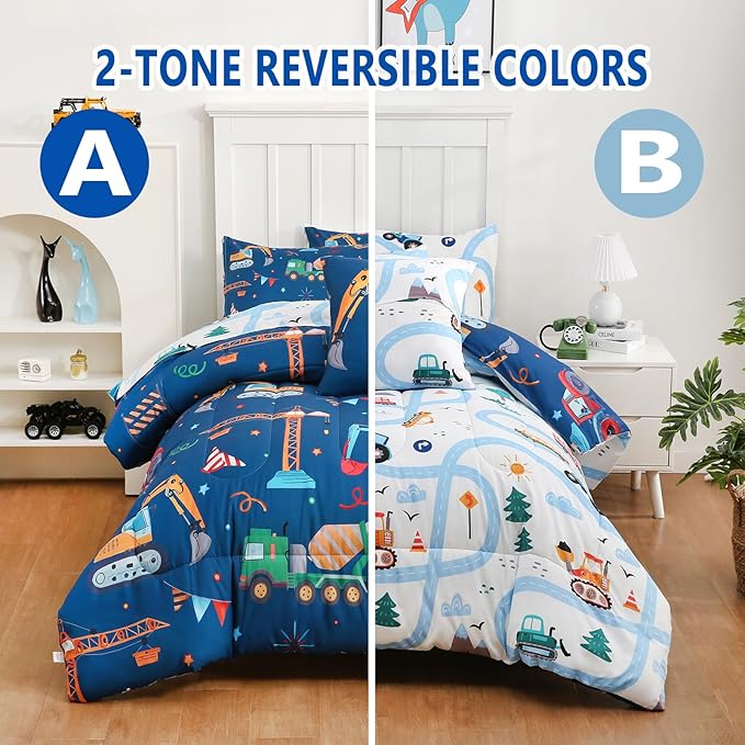 6 Pcs Bed in A Bag Twin Comforter Set for Boys,Construction Excavator Comforter,Truck Bedding Sets with Sheets for Kids