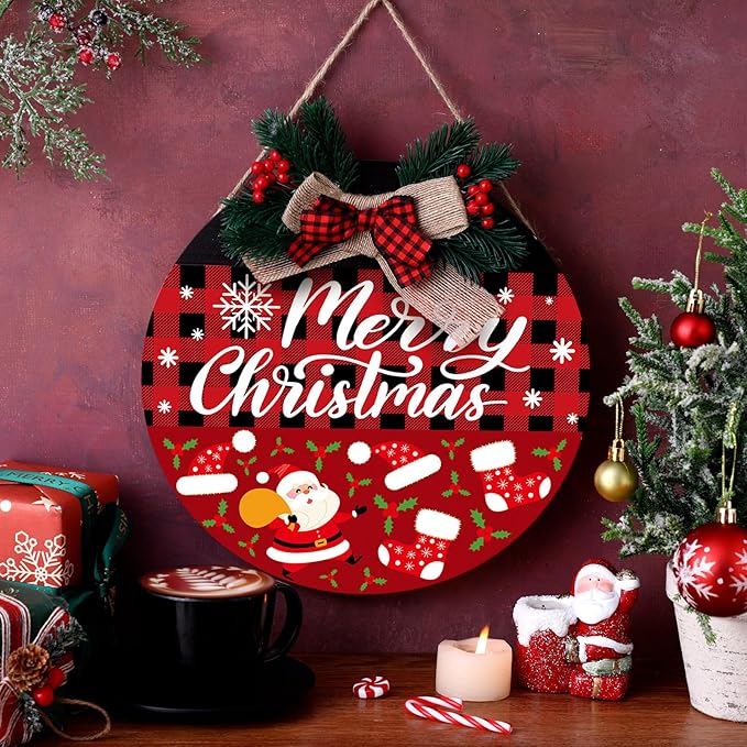 Vicenpal 22 Pcs Interchangeable Welcome Sign for Front Door with 17 Magnetic Icon Wooden Seasonal Front Porch Door Decor with 4 Seasonal Wreaths for Holiday Halloween Christmas Gift(Dark Brown,Novel)