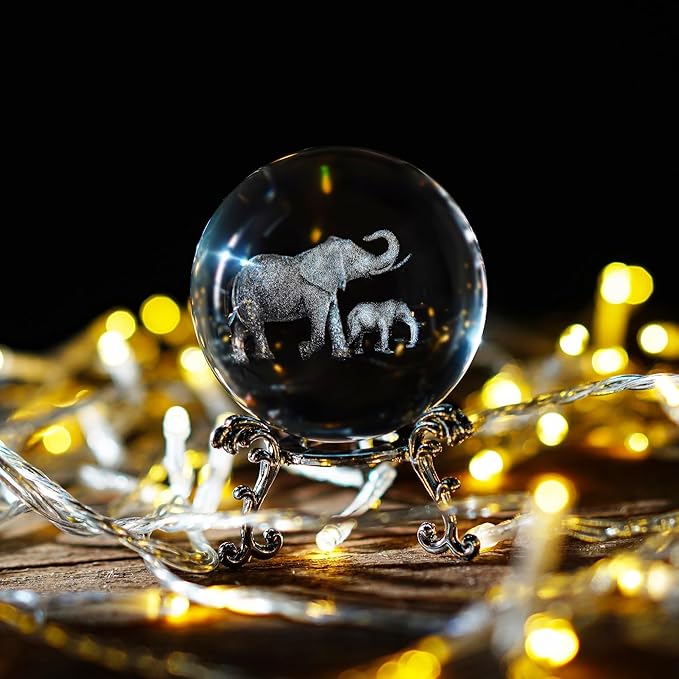 ZEERSHEE 60mm 3D Glass Laser Engraved Mother Son Elephants Crystal Ball with Stand Decorative Sphere Elephant Gifts for Women
