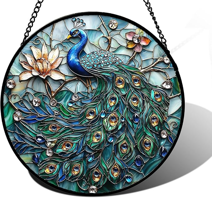 Stained Glass Window Hanging, Blue Peacock Decoration Suncatcher for Door Garden Home Flower Bird Sun Catchers Christmas Mother's Day Birthday Gifts for Women Men Mom Nana Friend 7.8 in