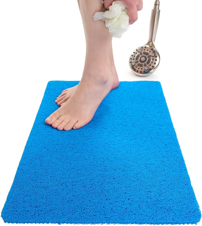 ENKOSI Loofah Non-Slip Shower and Bath Mat - Soft Cushioned Comfort - No Suction Cups for Smooth or Textured Tubs - Fast Draining - Safety for Bathroom, Family, Kids, and Elderly (24x16 Blue)