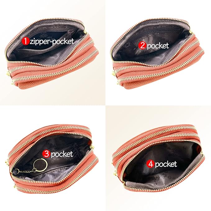 LINNO 3 Zippered Genuine Leather Coin Purse Triple Capacity Change Pouch Little Travel Wallet With Key Ring for Women