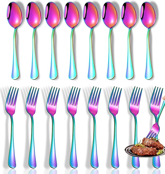 Rainbow Spoons and Forks Set, Set of 16 Top Food Grade Stainless Steel Forks and Spoons Silverware Set, Kitchen Accessories Forks (8 Inch) and Spoons (6.69 Inch) Cutlery Set, Mirror Finish