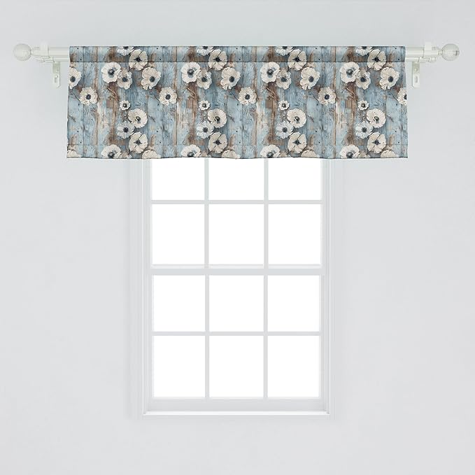 Ambesonne Poppy Window Valance Pack of 2, Vintage Farmhouse Concept Beige Tone Petals Floral on Rustic Backdrop, Rod Pocket Curtain Valances for Kitchen Bedroom, 54" X 18", Coconut Pale Blue and Dusk