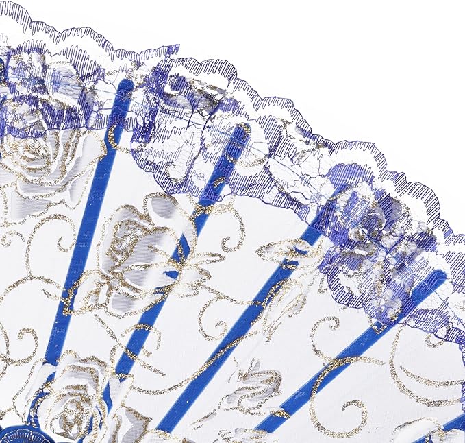 QIRMIZI 10 Pcs Rose Lace Folding Fans,Silk Folding Hand Fans, Perfect for Weddings, Parties, and Dancing,Royal Blue