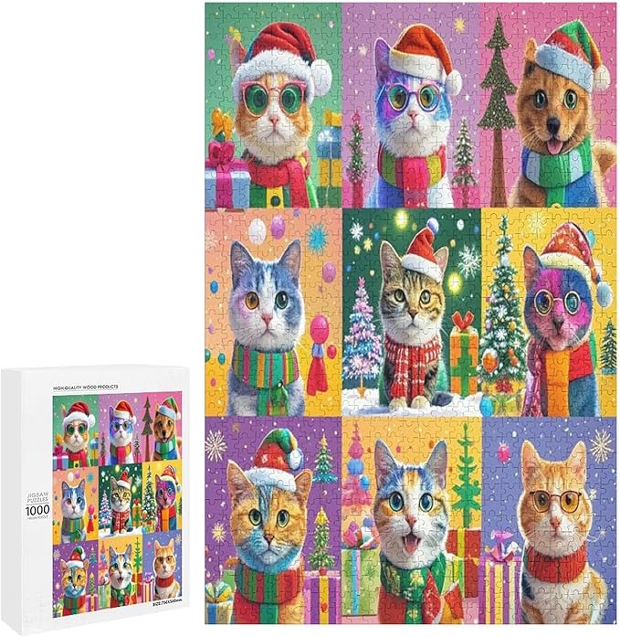 Wooden Puzzle 1000 Pieces Adult - Christmas Cat Puzzle Christmas Puzzles, Holiday Puzzles, Family Toys, Party Games, Jigsaw Puzzle Challenge and Funny
