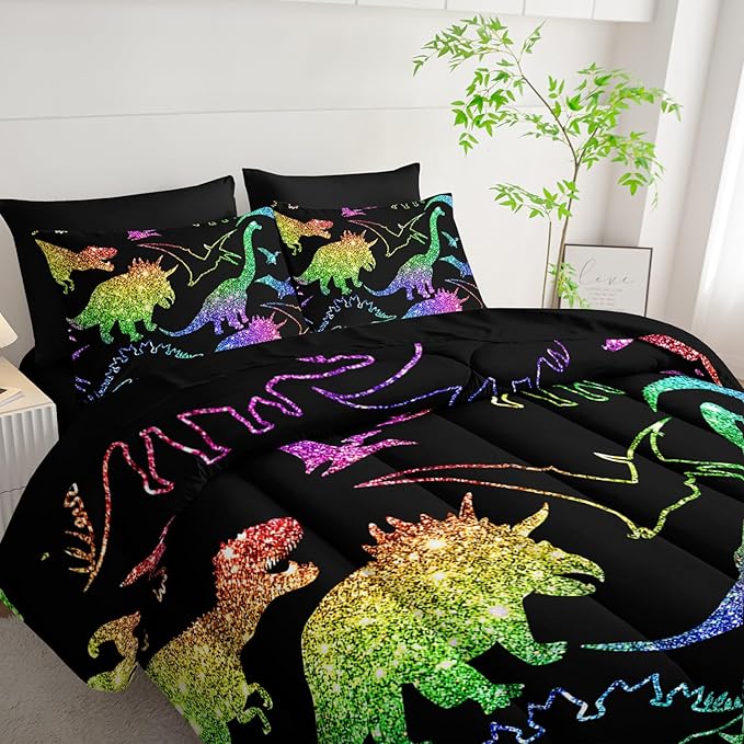 Rainbow Dinosaur Comforter Set (7 Piece) - Kids Bedding Black Dinosaur Duvet Set for Boys Girls Teens, Quilt Bed Set with 2 Pillow Shams, Flat Sheet & Fitted Sheet (Twin) - Room Decor Gifts