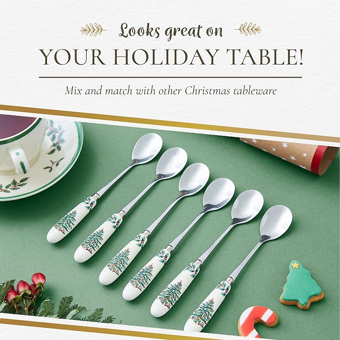 Spode Christmas Tree Teaspoons – Set of 6, Holiday Silverware for Desserts & Beverages, Stainless Steel Flatware with Porcelain Handles, 6-Inch Festive Dessert Spoons, Gift-Boxed