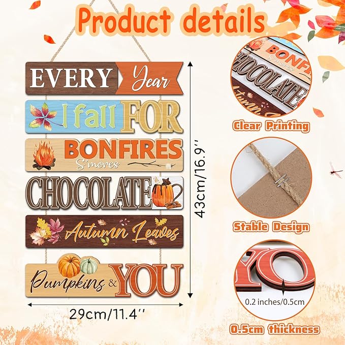 CHDITB Fall Themed Wooden Sign, Autumn Leaves Wooden Hanging Plaque, Pumpkin Bonfire Fall Front Door Hanger, Chocolate S'Mores Autumn Wall Sign Art Hanger for Halloween, Thanksgiving Party Wall Decor