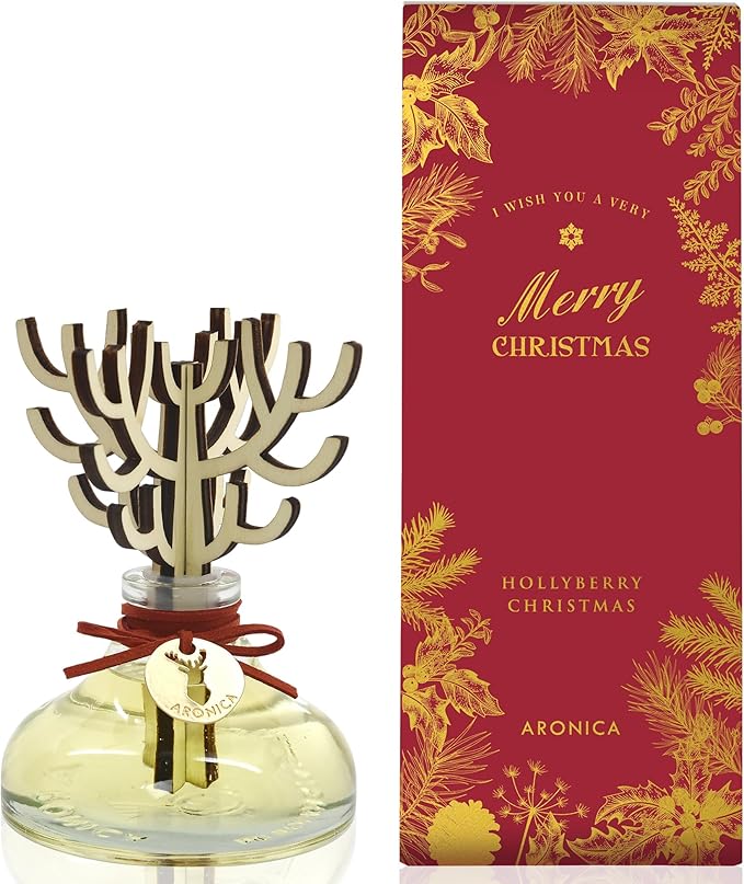 Aronica Christmas Diffuser - Hollyberry Scent, Burgundy Decorations Red Reed Diffuser, Cinnamon Smell Decor Apartment, Secret Santa Winter Scented Aromas Home, Modern Shelf Accents