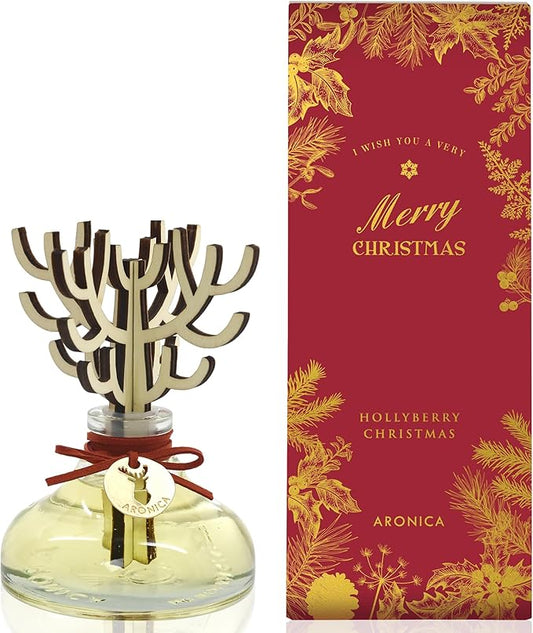Aronica Christmas Diffuser - Hollyberry Scent, Burgundy Decorations Red Reed Diffuser, Cinnamon Smell Decor Apartment, Secret Santa Winter Scented Aromas Home, Modern Shelf Accents